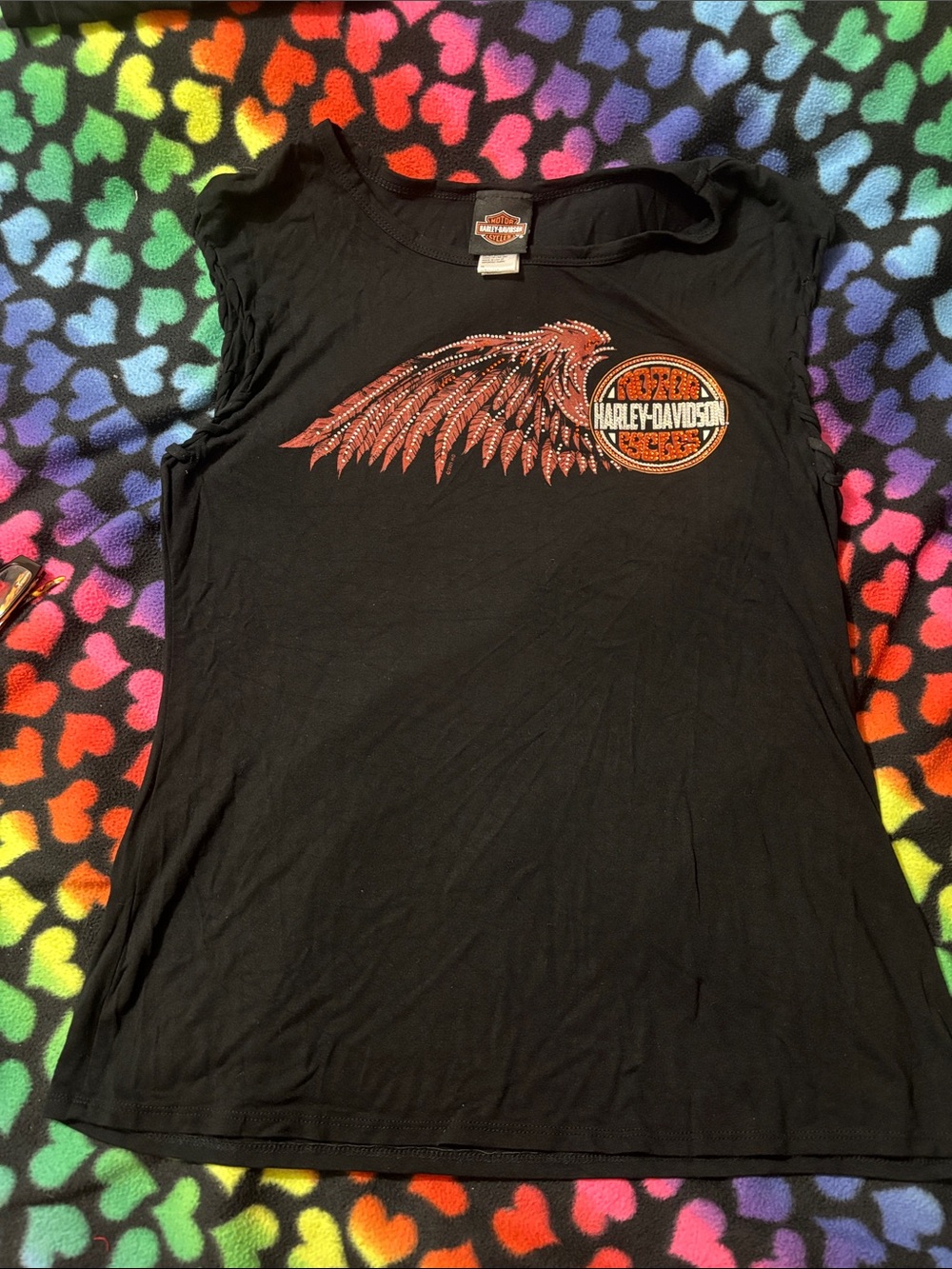 Harley-Davidson Black Tee with Red Wing Rhinestone Graphic